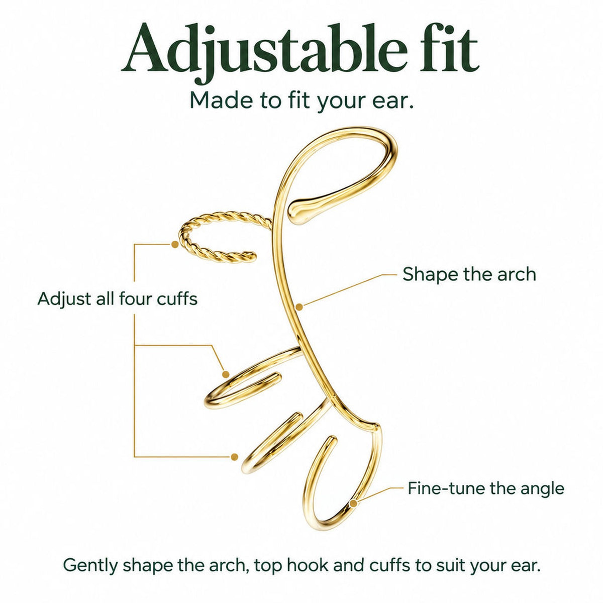 Adjustable gold Charm Cuff: arch, cuffs and angle adjustment