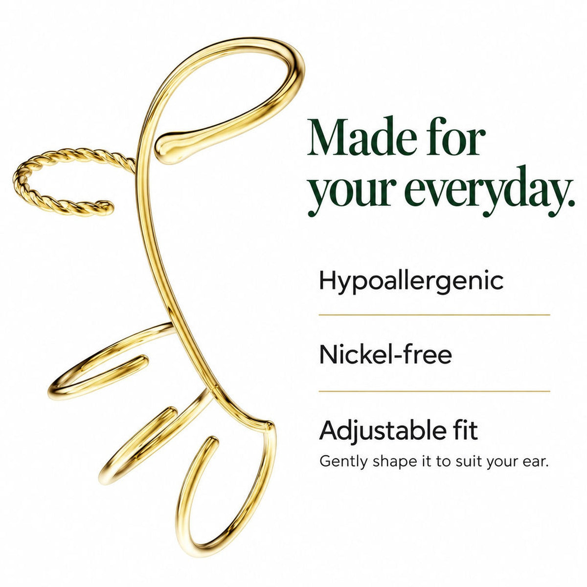 Gold Charm Cuff: hypoallergenic, nickel-free, adjustable fit